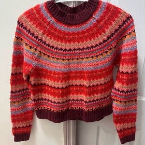 American Eagle Sweater Womens XXS Red Fair Isle Yoke Mock Neck Knit Pullover